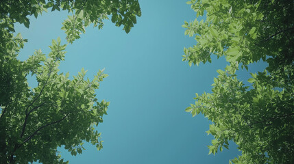 Obraz premium Looking Up at Green Tree Tops in a Peaceful Forest Canopy