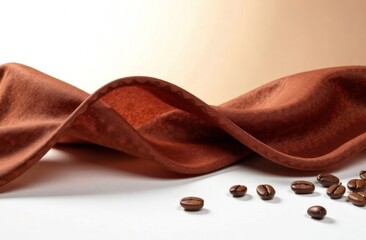 coffee beans on brown silk fabric, scattered beans on white surface, blurred light brown background - coffee shop, bean supplier