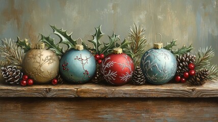 Rustic Christmas Ornaments with Holly and Pine Cones