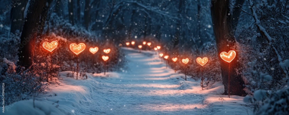 Canvas Prints A snowy forest path lined with glowing heart-shaped lanterns, 4k photo.\