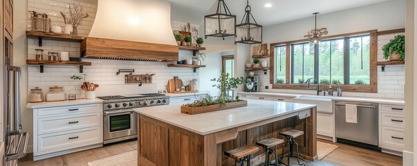 Fototapeta premium Rustic farmhouse kitchen with natural wooden elements, cozy and timeless design, warm ambiance.