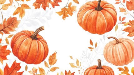 Watercolor pumpkins and autumn leaves. Decorative fall background. Possible use greeting card design