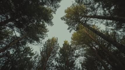 Obraz premium Looking Up at Green Tree Tops in a Peaceful Forest Canopy