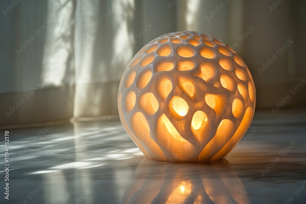 Poster A beautifully crafted spherical lamp features delicate cut-out designs, casting enchanting light patterns on the surrounding space, creating a serene ambiance.