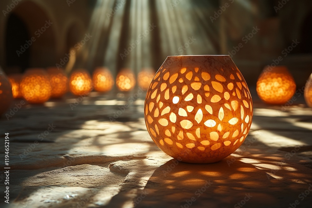Poster A cozy, intricately designed lamp glows warmly, casting delicate patterns and creating an inviting atmosphere, perfect for interior design and ambient lighting lovers.