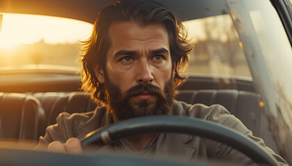 Bearded man driving a vintage car during a vibrant sunset, savoring the peacefulness and nostalgia of a classic road trip through the scenic countryside