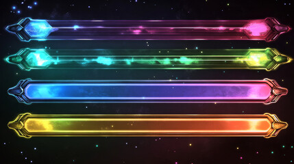 Obraz premium Glowing neon banners, illuminated colorful square frames. Shiny vibrant border, glow effect. Blue vintage retro lights, night illumination. Modern futuristic UI design elements. Vector illustration