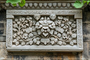 This exquisite ancient stone carving showcases a decorative flower motif with leaves, celebrating timeless artistry and intricate craftsmanship, ideal for artistic decor.