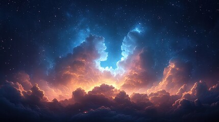 Naklejka premium Vibrant sunset sky with glowing clouds and stars.