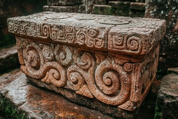 This weathered stone chest is adorned with intricate spiral motifs, capturing the essence of ancient artistry and offering insights into historical carvings.