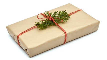 A gift wrapped in brown paper with a red twine and a small sprig of greenery 
