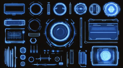 Futuristic tech game ui frames with glowing neon blue line on black background. User interfaces gaming overlays or sci fi visual hud elements. Circular and rectangular borders with digital details.