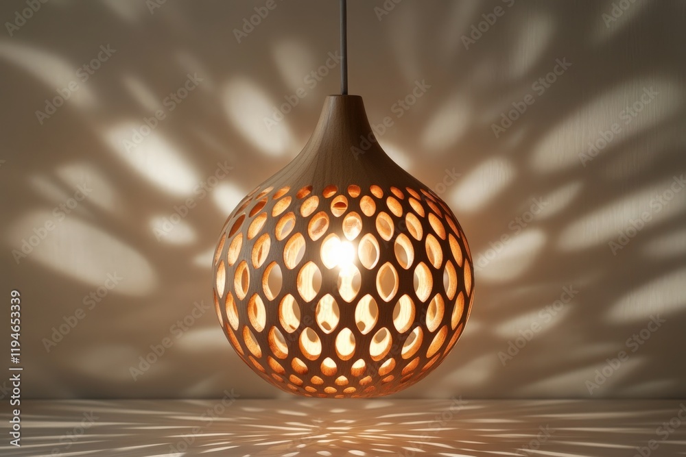 Poster This decorative lamp with a perforated design combines function with art, casting intricate shadows that transform the atmosphere with visual interest and warmth.