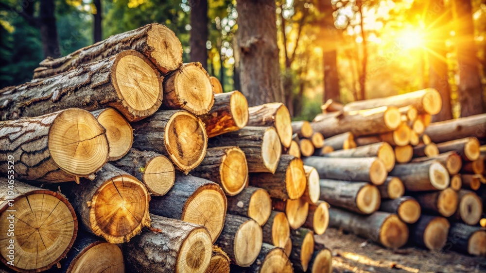 Poster Sunlit Stack of Timber Logs in a Forest