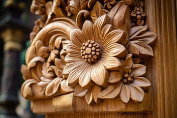 This image presents an exquisite wood carving of a blooming floral arrangement, capturing the essence of intricate design and expert craftsmanship in classic artistry.