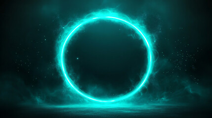 Obraz premium Turquoise circles glowing on black background. Vector realistic illustration of neon light swirls and shimmering particles shining in darkness, futuristic space portal design, magic energy effect
