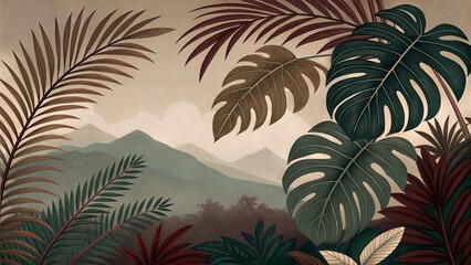 Tropical foliage illustration with mountains in the background, serene nature scene, exotic aesthetic