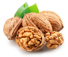 Whole walnuts and split walnut with kernel inside it isolated on white background. Clipping path.