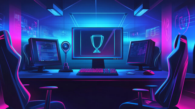 Gaming tournament banners with computer and trophy cup in neon colors. Vector posters of cyber games competition, professional esport championship with cartoon illustration - Powered by Adobe