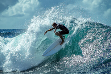 Surfer riding a massive wave ocean action photography tropical environment dynamic viewpoint thrilling sports concept