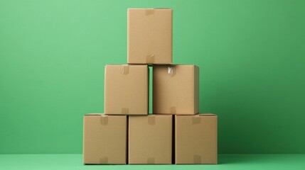 Empty cardboard boxes are stacked in a neat arrangement against a bright green backdrop, suggesting preparation for packing or moving supplies