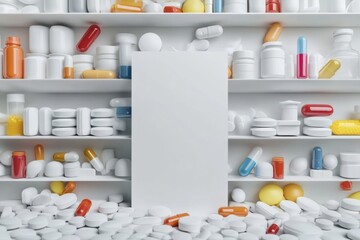 A white box is on a shelf with many different colored pills