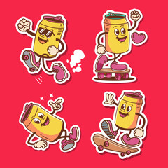 Collection of vector beer sticker designs in cool yellow color. Trendy cute smile patches.