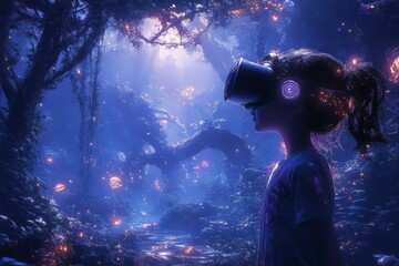 A child explores a luminous, magical forest, visualized through a virtual reality headset under a starry sky. Her journey is guided by the glow of magical creatures.