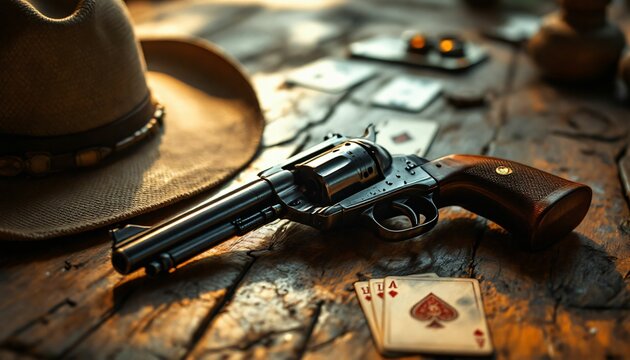 Western revolver gun with cowboy hat on wooden table with playing cards. Vintage wild west atmosphere. Gambling and poker concept. Dark moody background for banner design