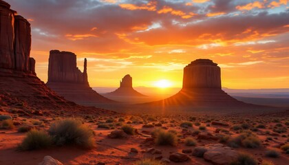 Majestic Monument Valley at golden sunset with orange sky and red rock formations. Desert landscape in Arizona. Famous american landmark. Travel destination with sunburst and buttes