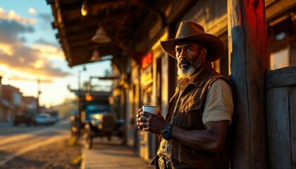 Person enjoying coffee at sunset on rustic street porch. Warm evening light in small town. Authentic lifestyle moment with western style hat and vest. Local atmosphere with golden hour glow