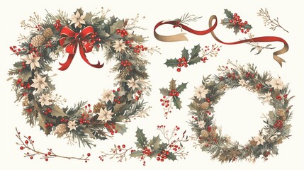 Watercolor Christmas wreaths, ribbons, and floral elements.