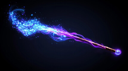 Neon magic swirl, wind effect purple twirl with blue sparkles. Swirl of wand spell . Magician, wizard or fairy light, shiny trace isolated on black background Realistic 3d Vector illustration