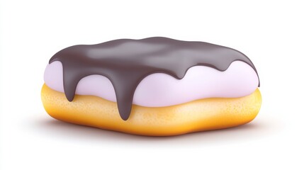 A delicious chocolate-covered doughnut with a creamy purple filling, showcasing a soft, golden base.