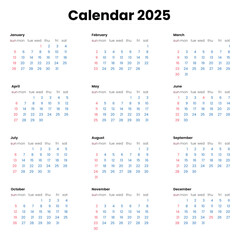 Editable Minimalist Calendar 2025 - Simple and Elegant Design on White Background simple calendar 2025, elegant calendar design