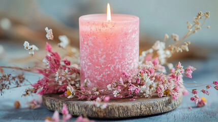 A pink candle in a decorative holder with dried flowers around it 