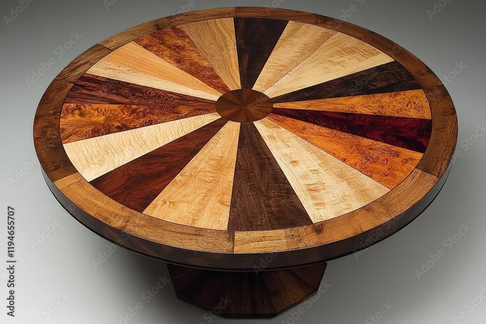 Poster A beautifully crafted round table featuring a diverse array of wood patterns forming a visually striking circular design, showcasing artisanal woodworking skills.