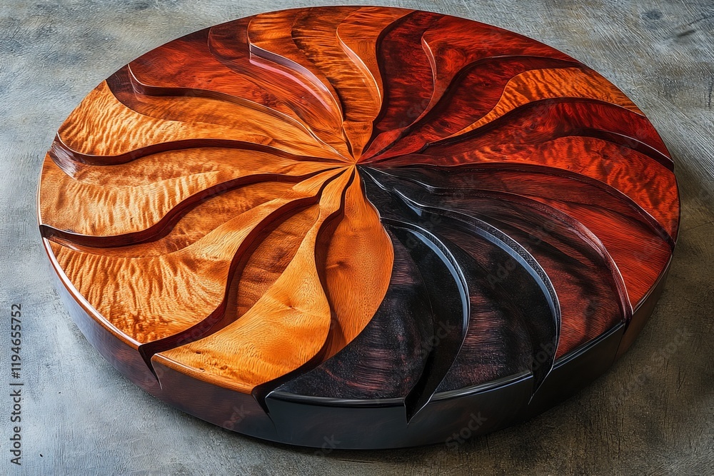 Poster a stunning wooden table showcasing a concentric pattern with intricate curved carvings, highlighting