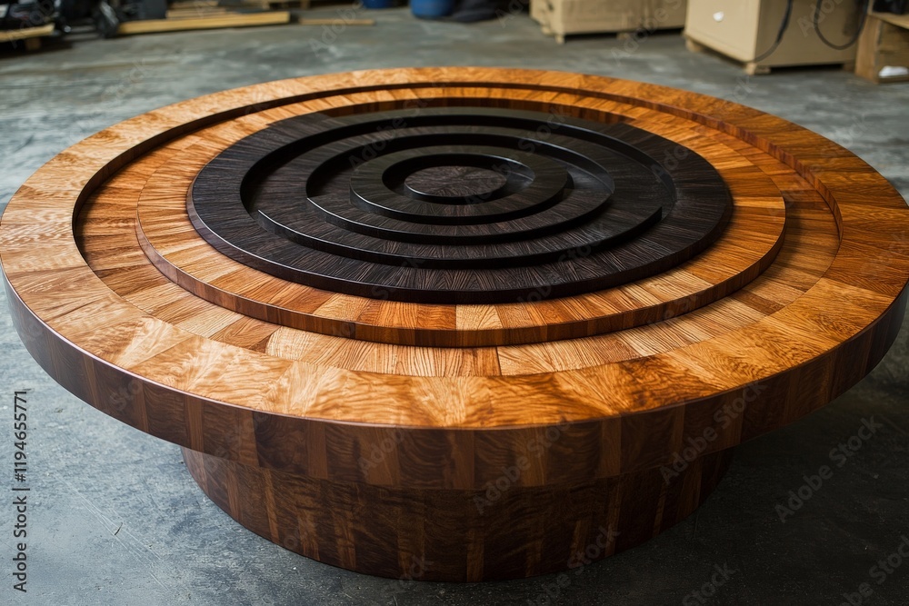 Poster A visually captivating circular wooden table with layered concentric circles, emphasizing rich wood textures and an eye-catching artistic design, perfect for interiors.