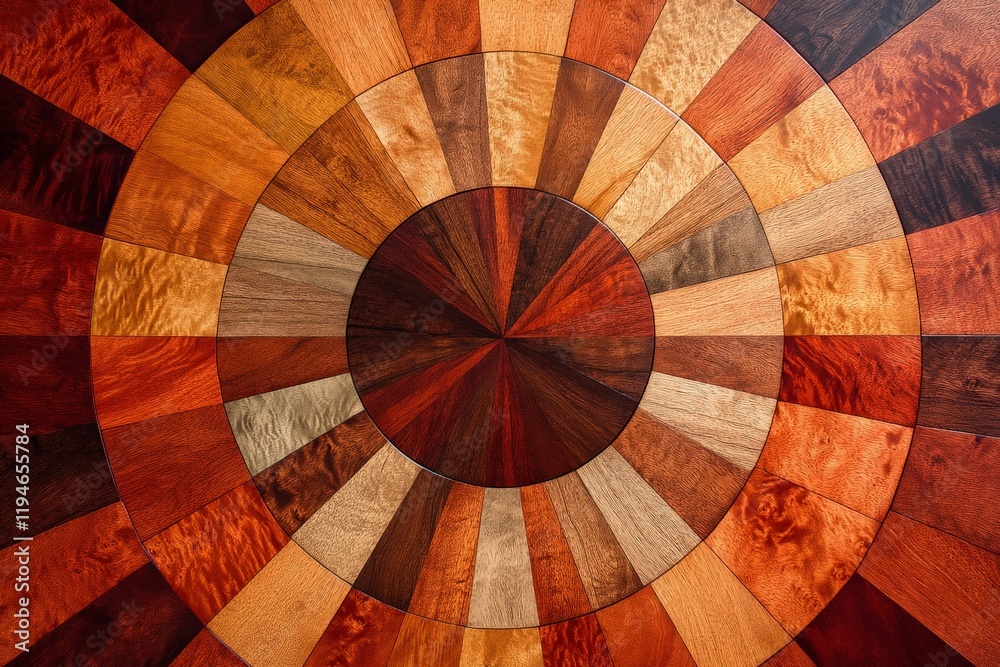 Poster an elaborate circular table crafted from wood, showcasing a striped design with a mesmerizing variat