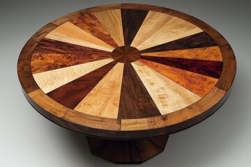A beautifully crafted round table featuring a diverse array of wood patterns forming a visually striking circular design, showcasing artisanal woodworking skills.
