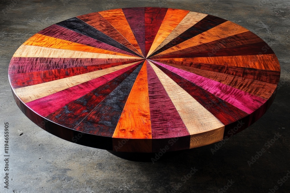 Aufkleber This striking rounded table emanates a vivid starburst pattern made with an array of multicolored wooden segments that create a dynamic visual impact.
