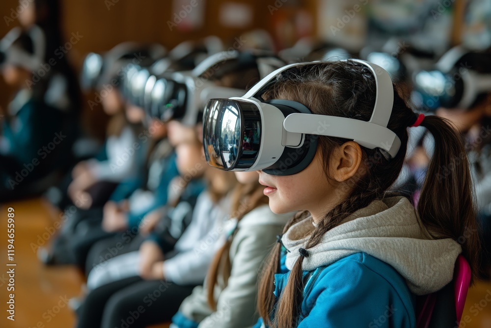 Poster Children in a classroom setting wearing virtual reality headsets, discovering new worlds through cutting-edge technology for enhanced educational experiences.