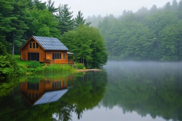 Obraz premium Misty Morning at the Eco-Friendly Lake Cabin