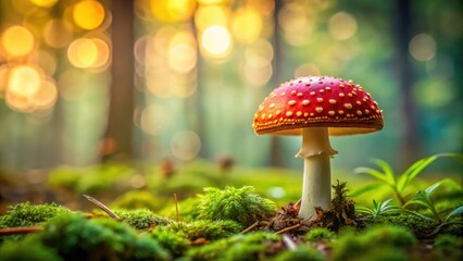 Enchanted Forest Fungi A Single Red Mushroom in Mossy Sunlight