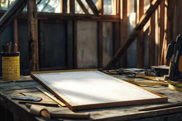 A wooden table with a white sheet on it and a tape measure
