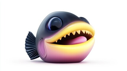 A playful cartoon fish with a vibrant gradient, large eyes, and an exaggerated grin, showcasing sharp teeth and a friendly demeanor.