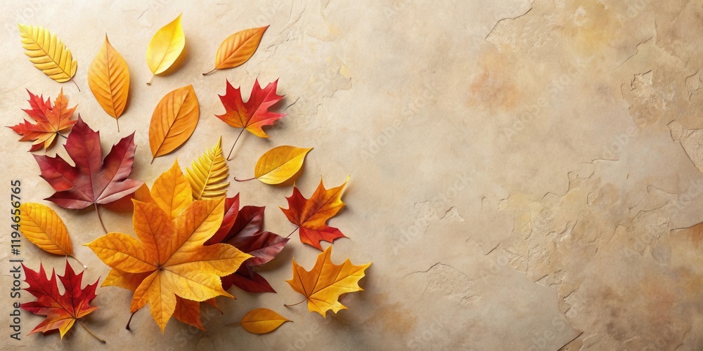 Poster autumnal foliage arranged on a textured surface, a colorful display of fall leaves