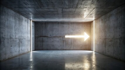 Illuminated Path A Glowing Arrow in a Concrete Room Indicates a Forward Direction