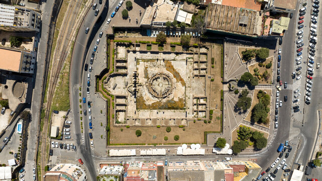 Aerial perpendicular view the Macellum of Pozzuoli, near Naples, Italy. It was market building of the Roman colony of Puteoli. It was mistakenly known as the Temple of Serapis.